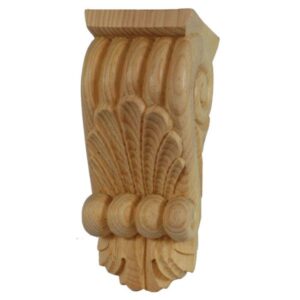 A classical style corbel in pine wood with a shell motif and scroll on the front. The side decoration adds distinction to these wooden corbels.