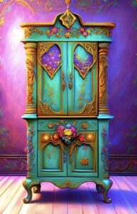 Maximalist cabinet covered in wood carved appliques and then painted in hues of turquoise, yellow, purple and red.